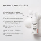 Dr Sebagh Breakout Foaming Cleanser bottle shown on a light gray background with marketing text and Breakout Foaming Cleansers foamy texture shots. The bottle is white with black text and a small red accent label.
