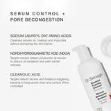 Dr Sebagh Breakout Foaming Cleanser bottle on a white background with text highlighting key ingredients: sodium lauryl oat amino acids, nordihydroguiaretic acid (NDGA), and oleanolic acid.
