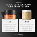 Dr Sebagh Targeted Resurfacing for Congested Skin comparison graphic showing the Deep Exfoliating Mask jar on the left ('US') and a textured exfoliating scrub jar on the right ('THEM') with descriptive text on a dark background.