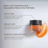 Dr Sebagh Deep Exfoliating Mask jar shown on a light gray background with callout text listing key ingredients: Lactic Acid, Azelaic Acid, and Palmitoyl Pentapeptide-4, alongside an orange exfoliating mask smear.