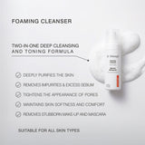 Dr Sebagh Foaming Cleanser bottle shown on a light gray background with a white foam swirl behind it and marketing text describing the two-in-one deep cleansing and toning formula.