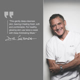 A promotional graphic split into two sections: the left side is a dark gray text panel with a quote from Dr Sebagh about Dr Sebagh's Foaming Cleanser: deep cleansing skin and a signature reading DrSebagh, while the right side shows Dr Sebagh in white medical scrubs leaning against a light wall.