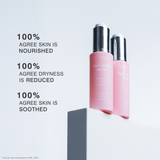 Two pink Dr Sebagh Rose de Vie serum bottles with silver caps displayed on a white pedestal against a light gray background, accompanied by three clinical trials conducted '100% agreed skin is nourished, dryness is reduced and skin is soothed'