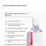 Promotional graphic for Dr Sebaghi Skin Perfecting Mask, featuring a close-up of the white and silver squeeze tube with a pink mask swirled on top, alongside a list of benefits on a clean white background.