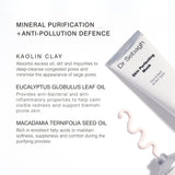 Dr Sebagh Kaolin Clay Skin Perfecting Mask tube shown on a white background with descriptive text about mineral purification, clay, eucalyptus oil, and macadamia seed oil, plus a squiggle of the white mask cream.