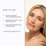 Instructional skincare graphic on Dr sebagh Signature Serum  with the heading 'HOW TO USE:' and three numbered steps on the left, alongside a close-up photo of a woman on the right showing the product applied to her face and neck.