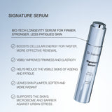 Dr Sebagh Signature Serum bottle shown on a light blue gradient background with promotional text listing benefits such as cellular energy, firmness, elasticity, and anti-ageing support.