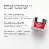 Dr Sebagh Supreme Neck Lift Cream shown in a clear jar with a red label and silver lid, set on a white background with text detailing its active ingredients.