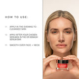A beauty instructional graphic showing a woman holding a Dr Sebagh Supreme Neck Lift, with text on the left reading 'HOW TO USE:' and steps for applying the cream to the evening after cleansing, after choosing a serum, and smoothing over the face and neck.